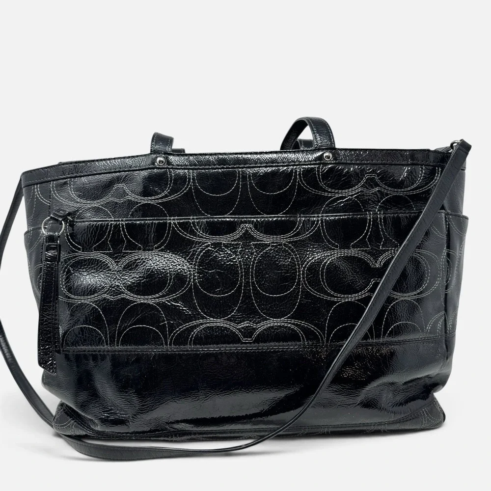 Coach Black Patent Leather Stitched C Baby Bag Diaper Tote Crossbody Travel Bag